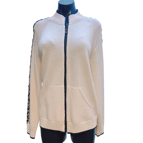 St. John Sport Cream Black Knit Cardigan Zipper Braided Sleeve Detail M - Picture 1 of 10